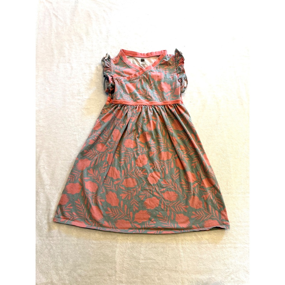 Tea Collection Girls Floral Ruffle Wrap Dress Coral Green Size 12 Cotton